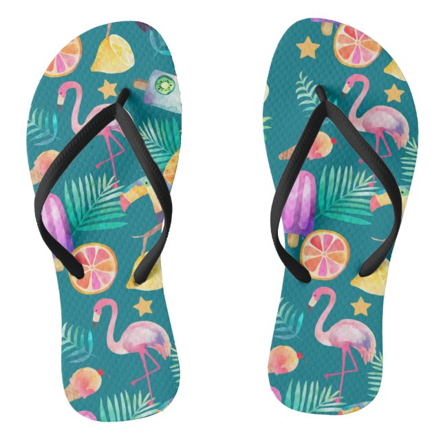 Summer Tropical Fun Teal Pattern Flip Flops (Footbed)