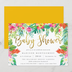 Summer Tropical Hibiscus Foliage Gold Baby Shower Invitation