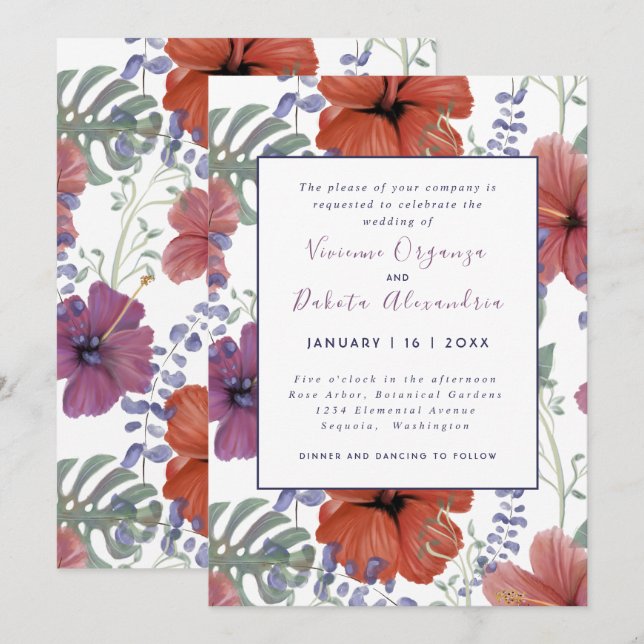 Summer tropical hibiscus wedding invitation (Front/Back)