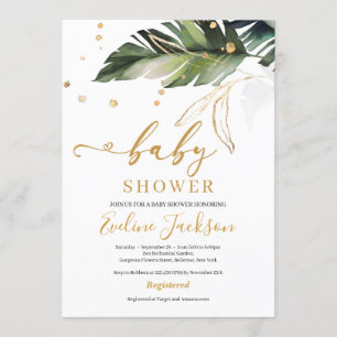 Summer tropical leaves and gold girl baby shower invitation