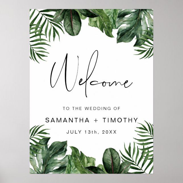 Summer Tropical Leaves Portrait Wedding Welcome  Poster (Front)