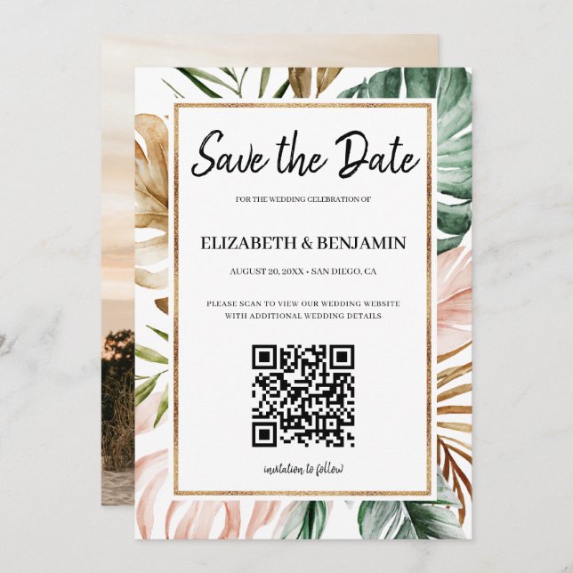 Summer Tropical Leaves QR Code Photo Save The Date (Front/Back)
