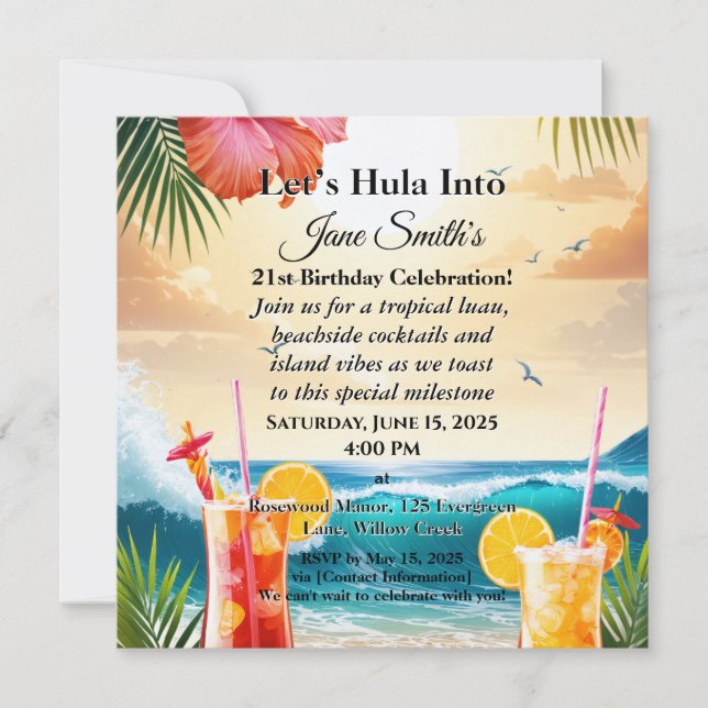 Summer Tropical Luau Beach Party 21st Birthday Holiday Card (Front)