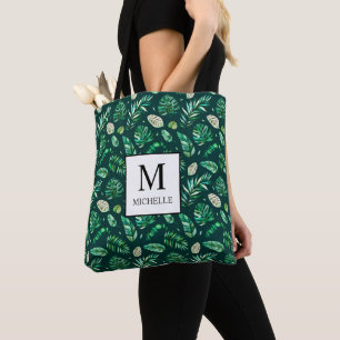 Summer Tropical Palm leaves Monogram and Name Tote Bag