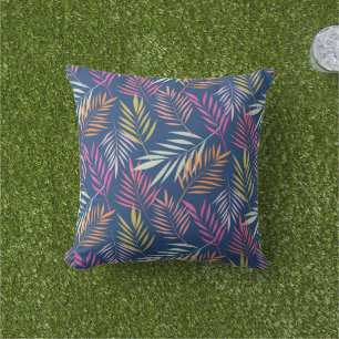 Summer Tropical Palm leaves on Blue  Outdoor Pillow