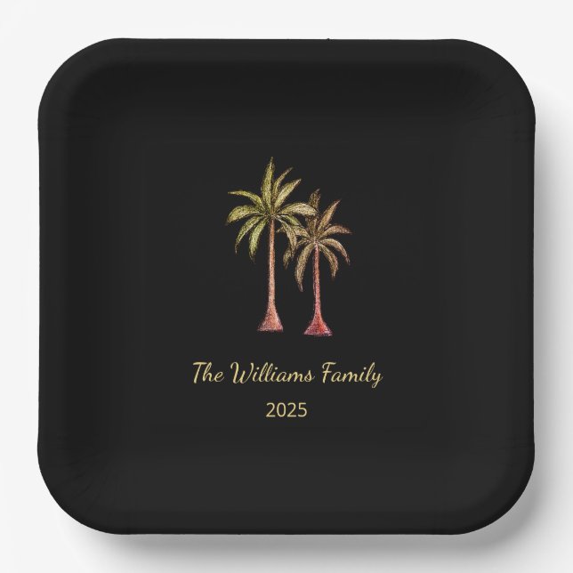 Summer Tropical Palm Trees Pool Party Black Paper Plate (Front)