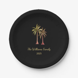 Summer Tropical Palm Trees Swim Pool Party Black Paper Plate