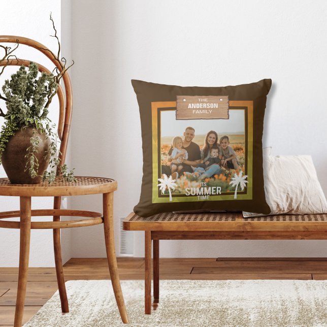 Summer Tropical Photo Frame Vacation Palm Trees Throw Pillow (Personalized Family Photo With Names Summer Theme Tropical Palm Trees and Wood Sign)