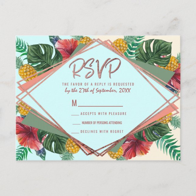 Summer Tropical Pineapple Leaves Floral RSVP Invitation Postcard (Front)