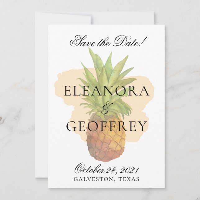 Summer Tropical Pineapple Watercolor Wedding Photo Save The Date (Front)