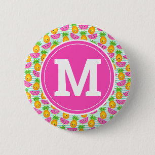 Summer Tropical Pineapple & Watermelon Monogram 2 Inch Round Button