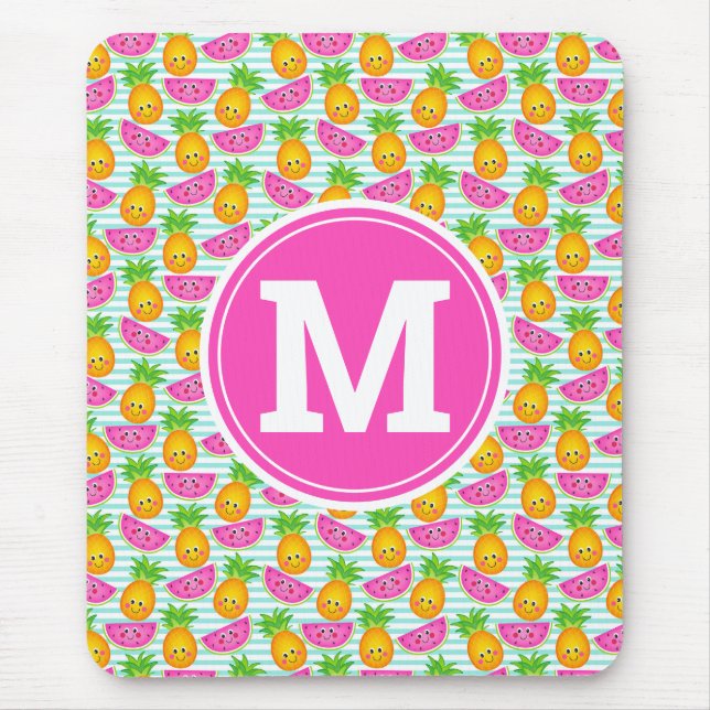 Summer Tropical Pineapple & Watermelon Monogram Mouse Pad (Front)