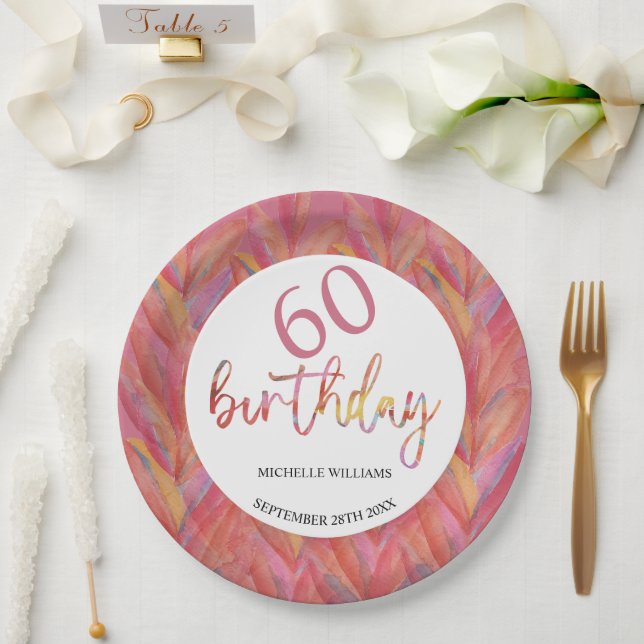 Summer Tropical Pink Floral Feathers Watercolor Paper Plate (Wedding)