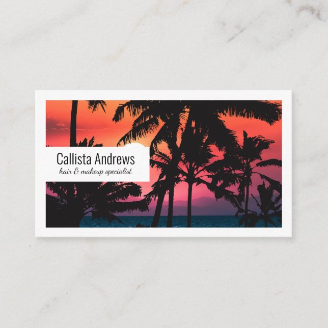 Summer Tropical Pink Orange Palm Trees Sunset Business Card (Front)
