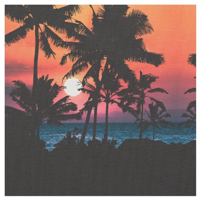 Summer Tropical Pink Orange Palm Trees Sunset Fabric (Close Up)