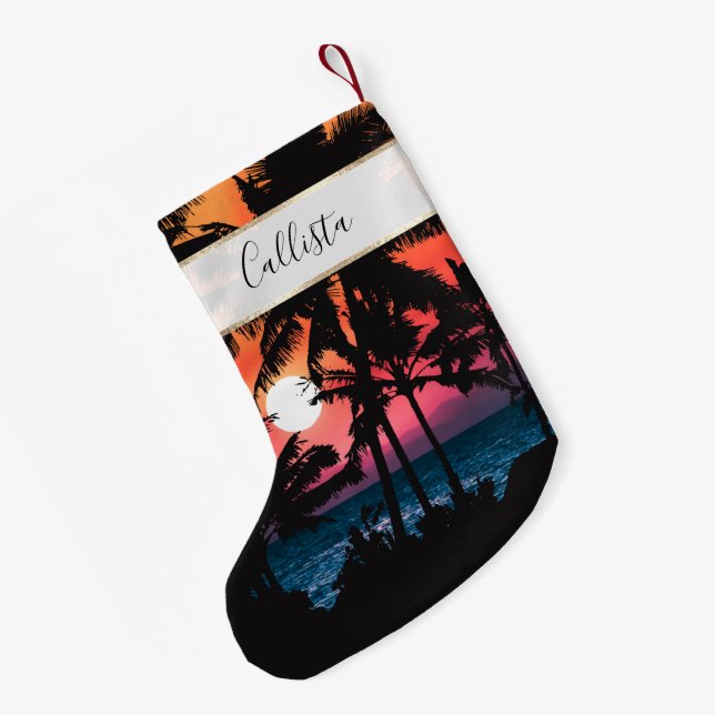 Summer Tropical Pink Orange Palm Trees Sunset Small Christmas Stocking (Back (Hanging))