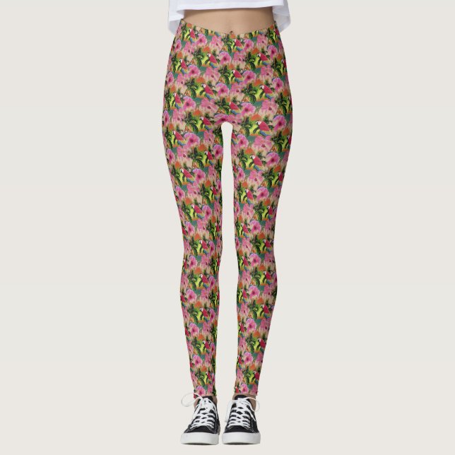 Summer Tropical Sunset Beach Parrot Leggings (Front)