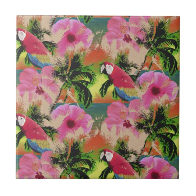 Summer Tropical Sunset Beach Parrot Tile (Front)