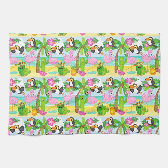 Summer Tropical Toucan and Flamingo Pattern Kitchen Towel (Horizontal)