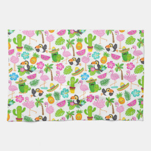 Summer Tropical Toucan and Flamingo Pattern Kitchen Towel