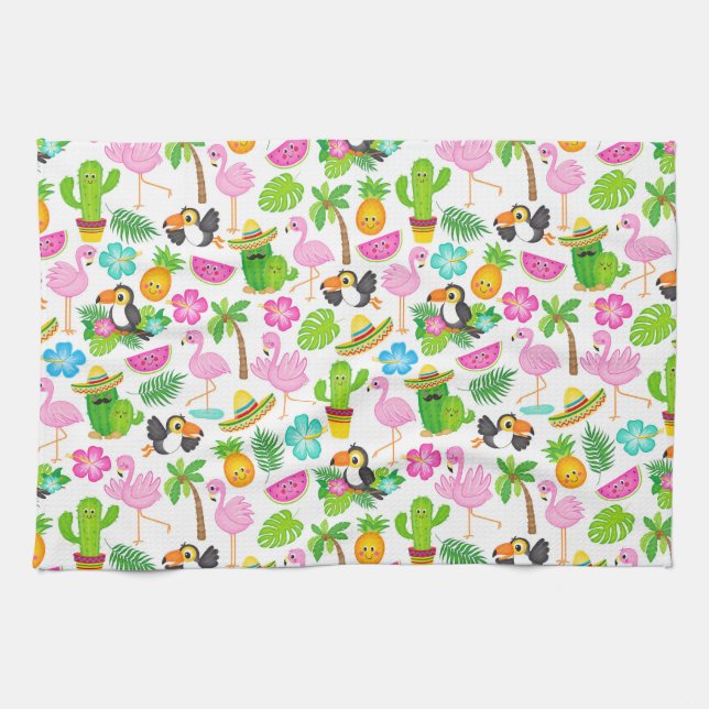 Summer Tropical Toucan and Flamingo Pattern Kitchen Towel (Horizontal)
