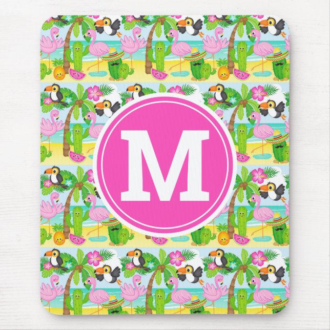 Summer Tropical Toucan and Flamingo Pattern Mouse Pad (Front)