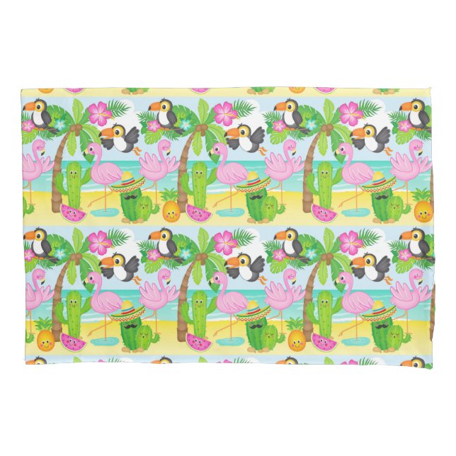 Summer Tropical Toucan and Flamingo Pattern Pillowcase (Front)