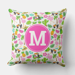 Summer Tropical Toucan and Flamingo Pattern Throw Pillow