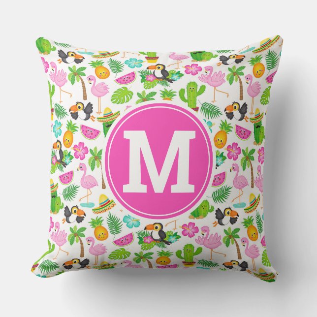 Summer Tropical Toucan and Flamingo Pattern Throw Pillow (Front)