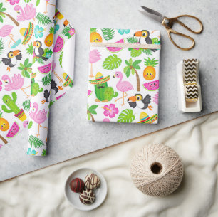 Summer Tropical Toucan and Flamingo Pattern Wrapping Paper