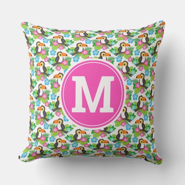 Summer Tropical Toucan and Floral  Pattern Throw Pillow (Front)