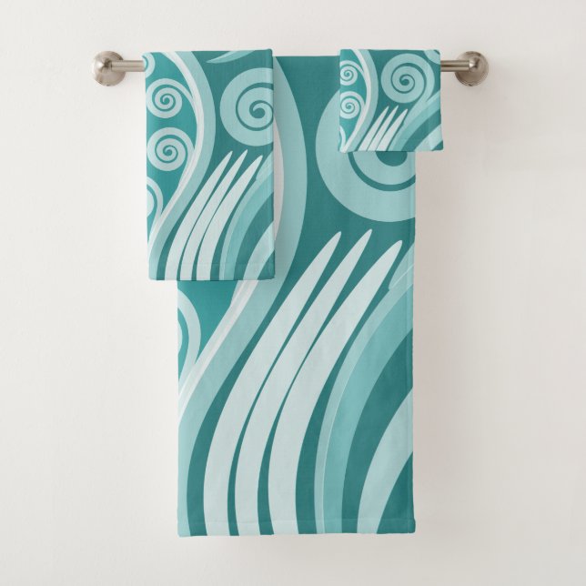 Summer Turquoise Abstract Fern Frond Bath Towel Set (Insitu)