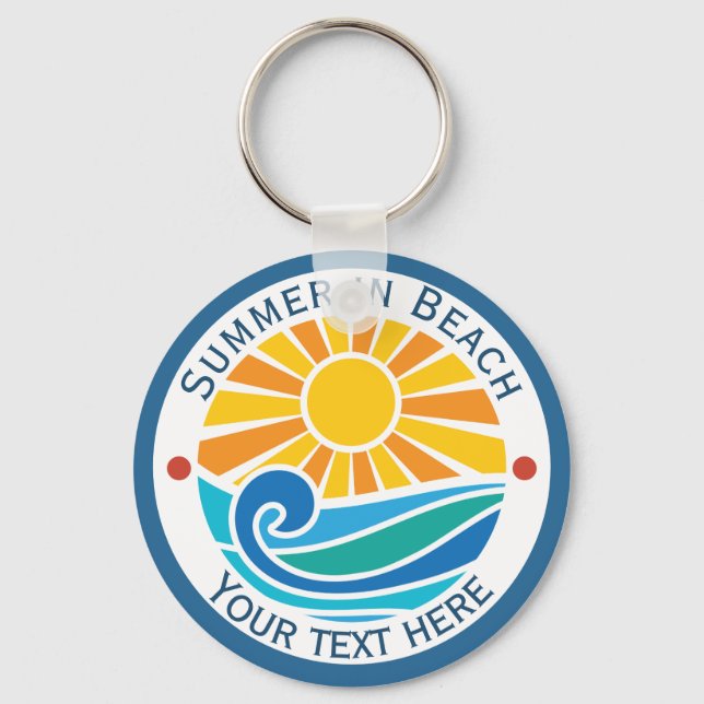 Summer Turquoise Beach Wave and Sun Retro Style Keychain (Front)