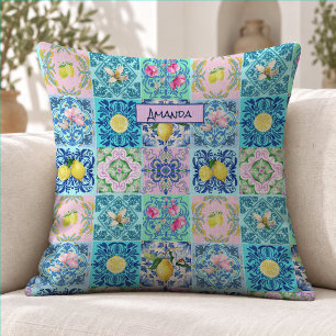 Summer Turquoise Sicilian Azulejo Amalfi Tile Throw Pillow