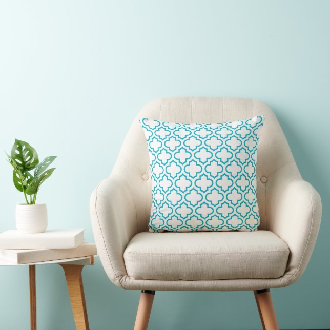 Summer Turquoise White Retro Chic Trellis Pattern Throw Pillow (Chair)