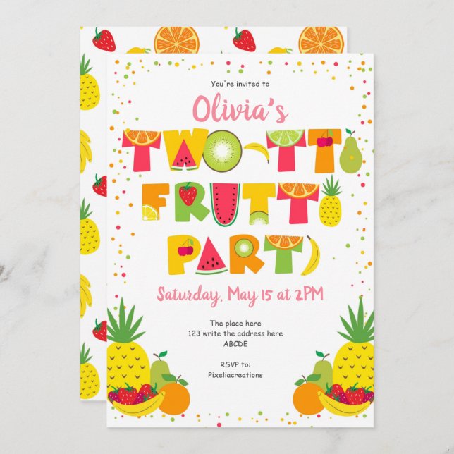 Summer, Twotti Frutti, Tropical, 2nd birthday Invitation (Front/Back)