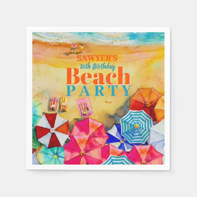 Summer Umbrellas on the Sand 16th Birthday Napkin (Front)