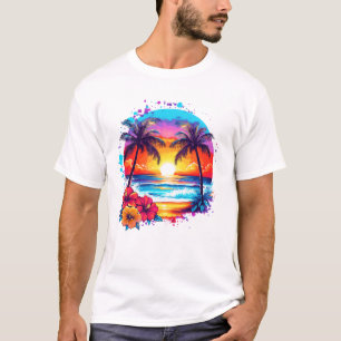 Summer Vacation Beach Palm Trees Hibiscus Flowers T-Shirt
