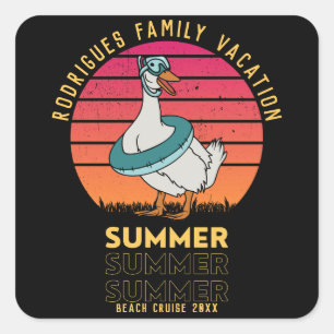 Summer Vacation Duck on Retro Sunset Square Sticker