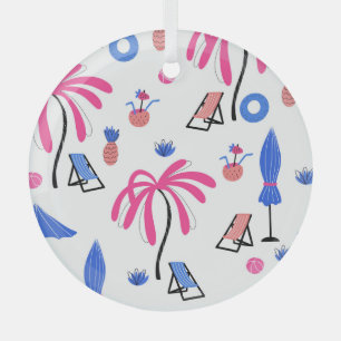 Summer Vacation: Palm Trees Pineapples Pattern Glass Ornament