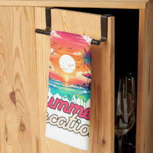 Summer Vacation Tropical Sunset Beach Retro Design Kitchen Towel