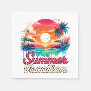 Summer Vacation Tropical Sunset Beach Retro Design Napkin