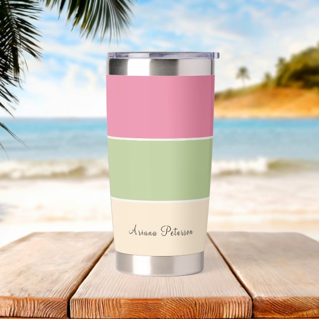 Summer Vibe Pink & Sage Green Stripes Insulated Tumbler (Beach)