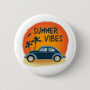summer vibe with retro car on the beach  2 inch round button