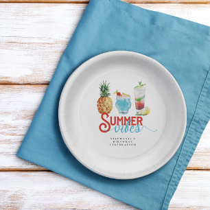 Summer Vibes Blue Fruit Cocktail Birthday Party Paper Plate