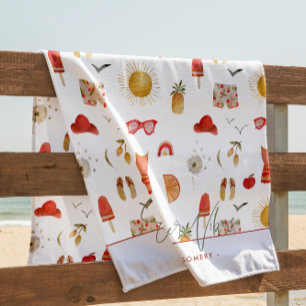 Summer Vibes Boho Retro Summer Monogram Beach Towel