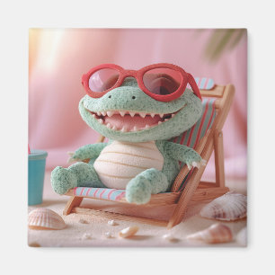 Summer Vibes: Chillin' Plush Crocodile on Vacation Magnet