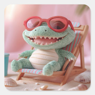 Summer Vibes: Chillin' Plush Crocodile on Vacation Square Sticker