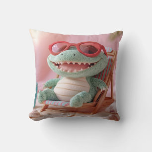 Summer Vibes: Chillin' Plush Crocodile on Vacation Throw Pillow