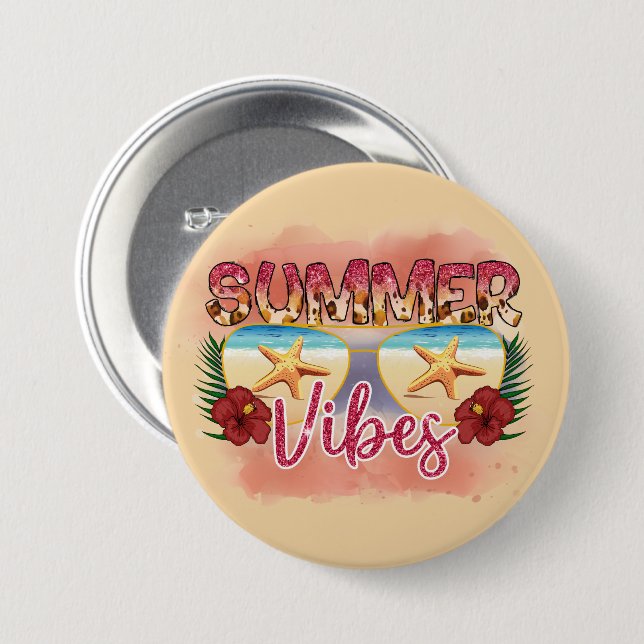 Summer Vibes | Coastal Beach Sunglasses Design 3 Inch Round Button (Front & Back)